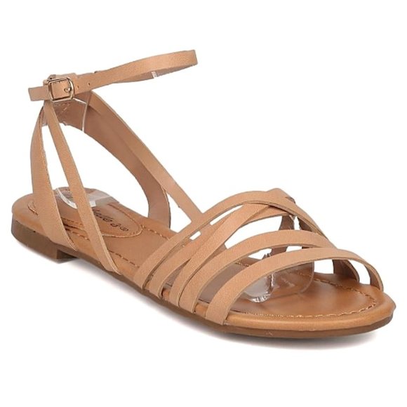 New Natural Beige Strappy Ankle Strap Flat Sandals - Picture 1 of 4